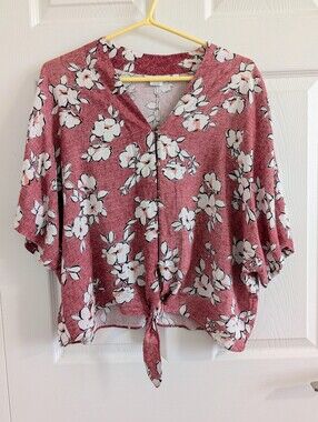 NWOT REITMANS Floral Linen Blend Tie-Front Blouse Boho Chic V-Neck Button Top M